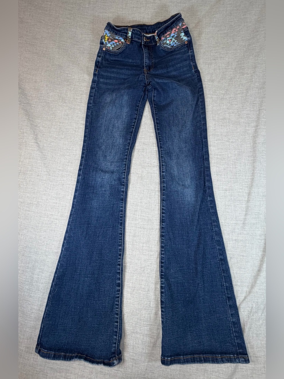 Dark Blue Junior Flare Jeans with Embroidered Pockets Sz XS or 00